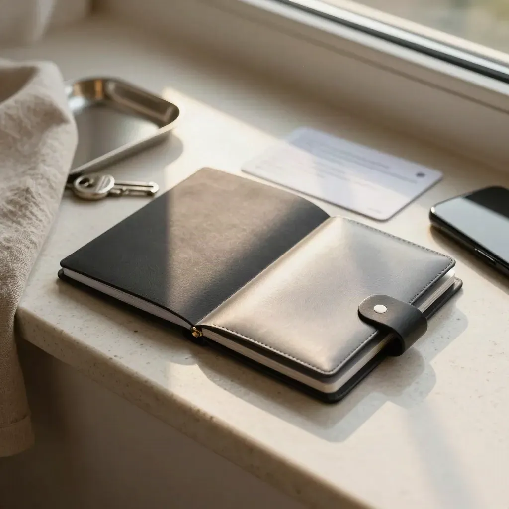 Closed Bitcoin setup guide beside a sealed hardware wallet and seed-card sleeve on travertine