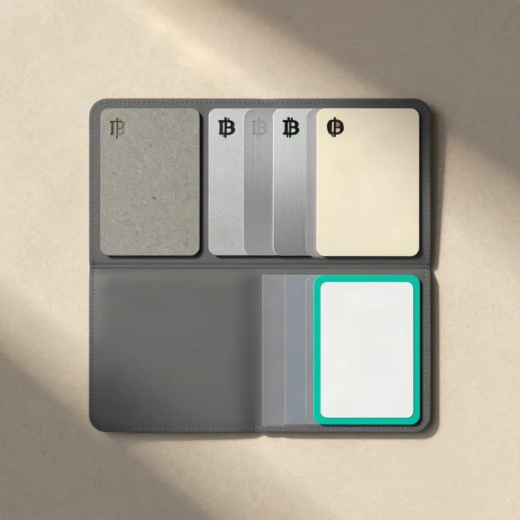 Overhead flatlay of a graphite exchange compare pack with fee cards, tabs and a blank sleeve on concrete.