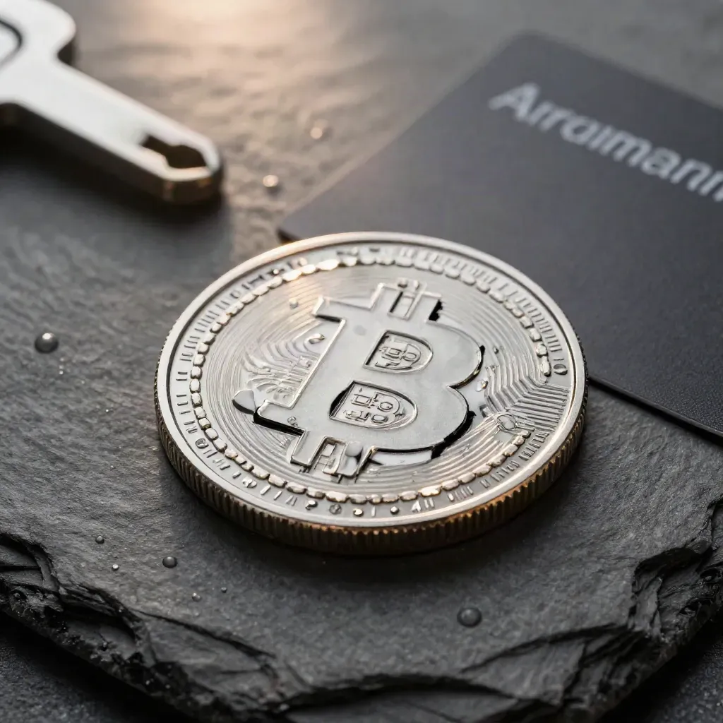 Metal BTC tracker deck on damp slate with silver chips and cool mist.