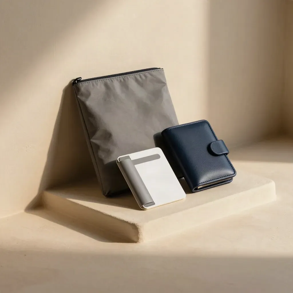 Low-angle crypto wallet guide pack nestled in a warm plaster notch with soft haze.