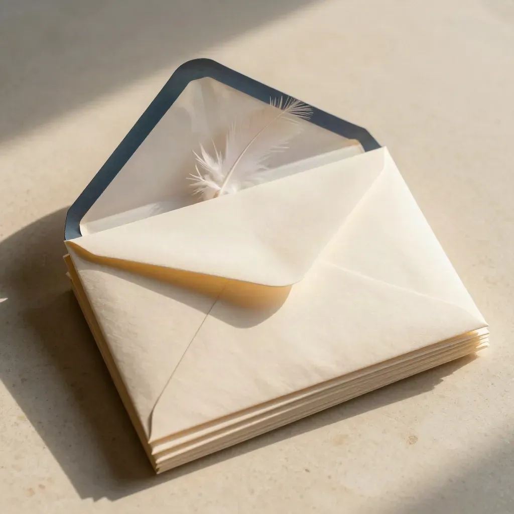 Macro of sealed email pack envelopes on travertine, top flap lifting in raking light.