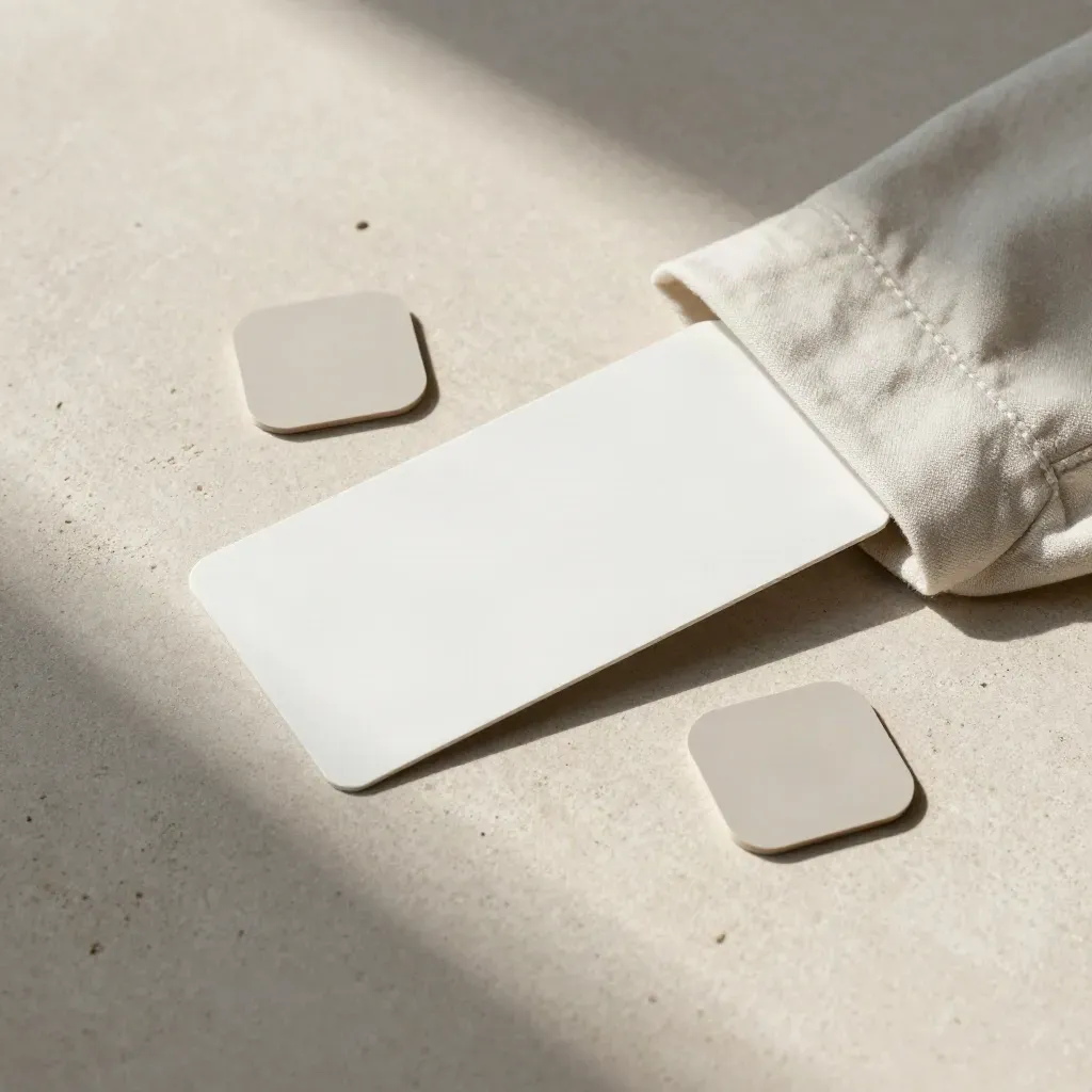 Overhead flatlay of a slim fee card in a pocket sleeve with two comparison chips on pale stone.