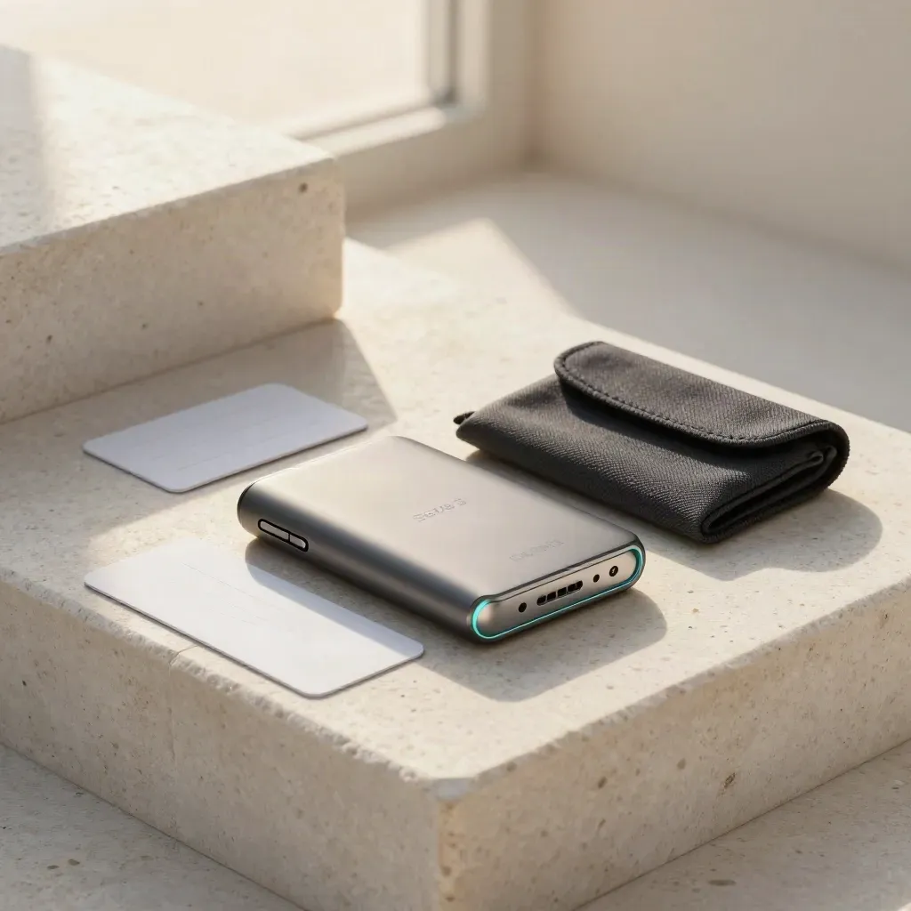 Open hardware wallet beside backup card and pouch on a pale stone step.