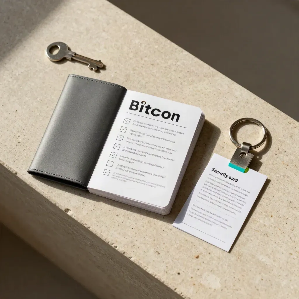 Top-down flatlay of a Bitcoin safety checklist pack with cards, slipcase, and key-ring tag